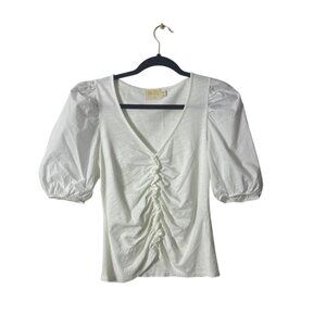 Nation Ltd White Ruched Front Puff Sleeve Top Made In Peru 100% Cotton Size S